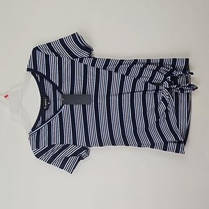 Btween Short Sleeve V-Neck Striped Tie-Front Knit T-Shirt - Navy, Medium
